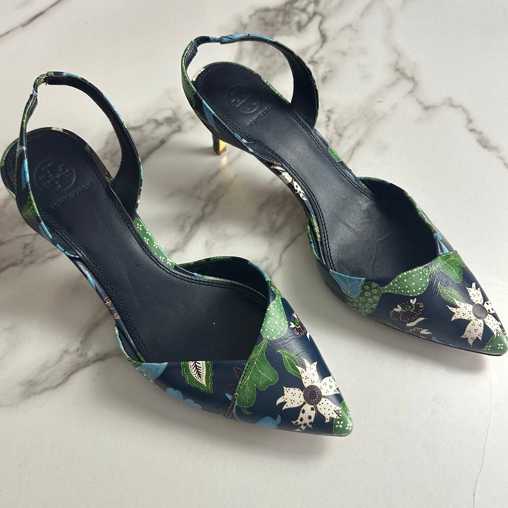 Tory Burch Nappa Leather Slingback Pointed Heels in Navy Wisteria Size 9 - Picture 10 of 14